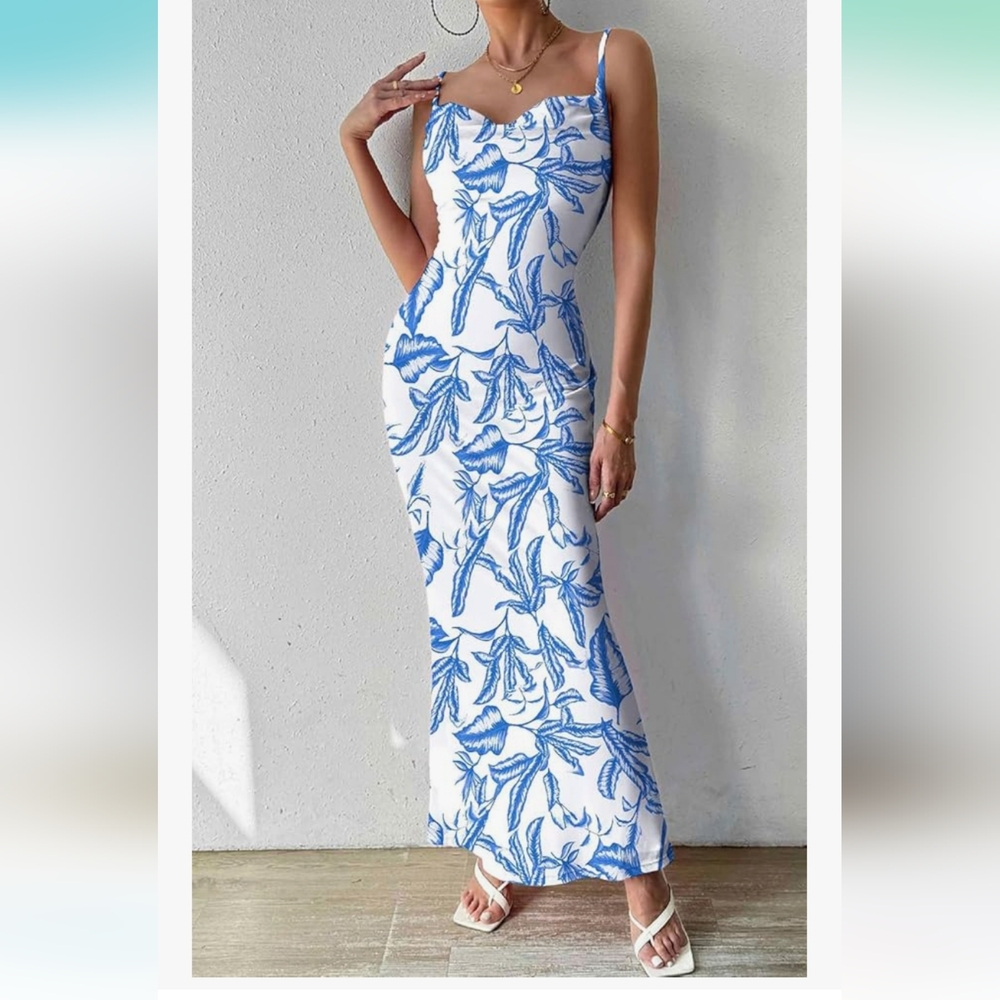 Elegant Blue Floral Maxi Dress